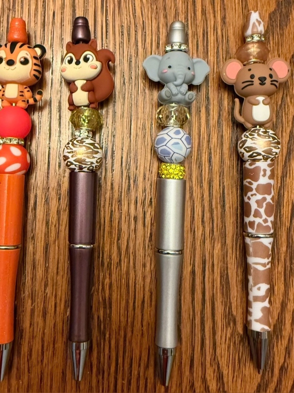 Playful Animal Top Ballpoint Pens in Orange, Brown & Silver - Cute Desk Set